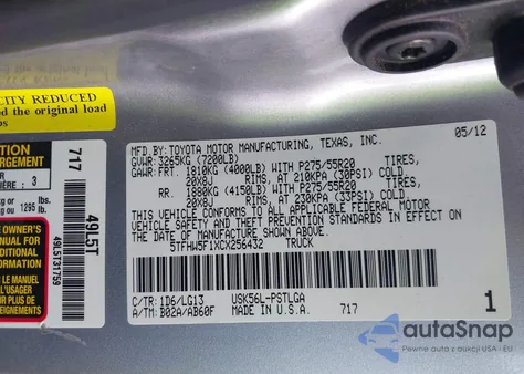 2012 Toyota Tundra Limited 5.7L V8 из США, поврежденный, VIN 5TFHW5F1XCX256432